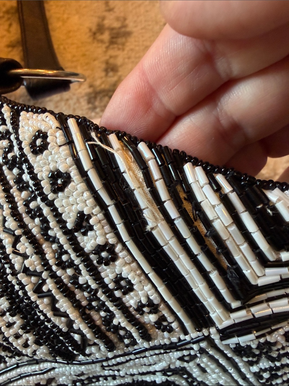 Christina Hand Beaded Crossbody Bag Black White Geometric Boho Zip Top Purse - Picture 8 of 8